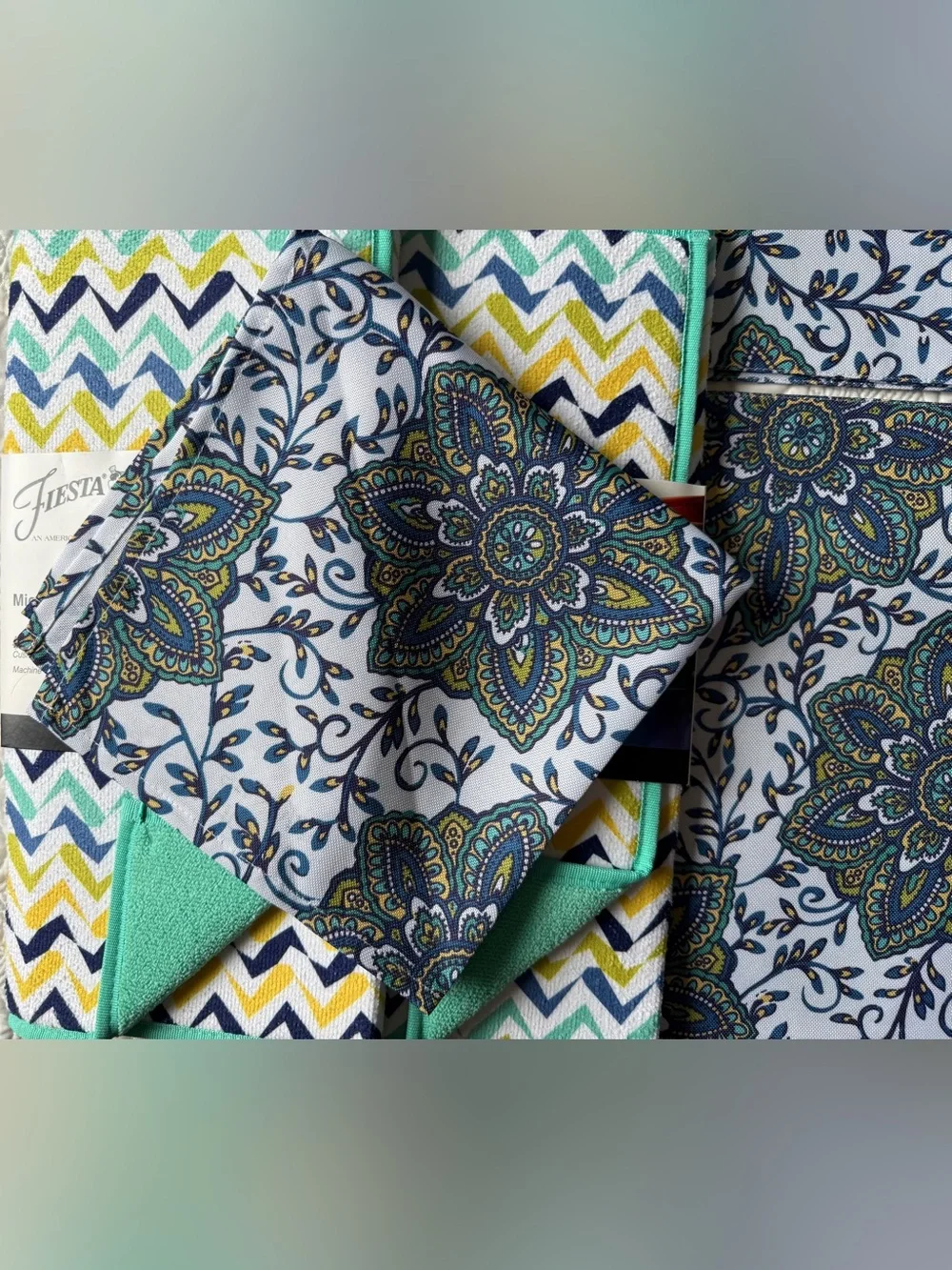 6 pc set Fiesta Chevron & Paisley Kitchen Linen Set in Teal, Yellow, Navy, White